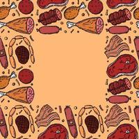 modello di carne senza cuciture con posto per il testo. sfondo di carne colorata. doodle illustrazione vettoriale con icone di prodotti a base di carne