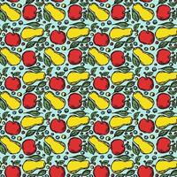 modello di frutta senza soluzione di continuità. sfondo colorato mela e pera. doodle illustrazione vettoriale con frutta