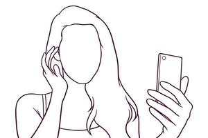 giovane bella ragazza che prende selfie. illustrazione vettoriale in stile disegnato a mano