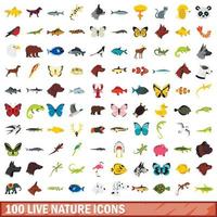 100 icone della natura dal vivo, stile piatto vettore