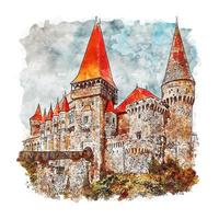 illustrazione disegnata a mano di schizzo dell'acquerello del castello corvinior romania vettore