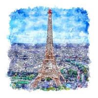 illustrazione disegnata a mano di schizzo dell'acquerello della torre eiffel di parigi francia vettore