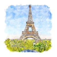 illustrazione disegnata a mano di schizzo dell'acquerello della torre eiffel di parigi francia