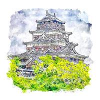 illustrazione disegnata a mano di schizzo dell'acquerello del castello di hiroshima giappone vettore