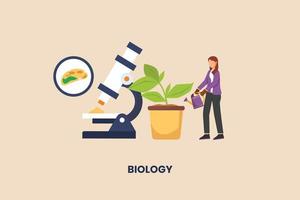 giovane studentessa che innaffia le piante in vaso. icona del microscopio. concetto di materie a scuola e all'università. illustrazione vettoriale piatta isolata.