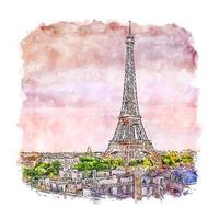 illustrazione disegnata a mano di schizzo dell'acquerello di parigi francia vettore