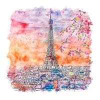 illustrazione disegnata a mano di schizzo dell'acquerello di tramonto parigi francia