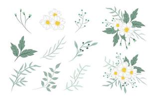 composizione di fiori bianchi e verde pastello e set di elementi vettore
