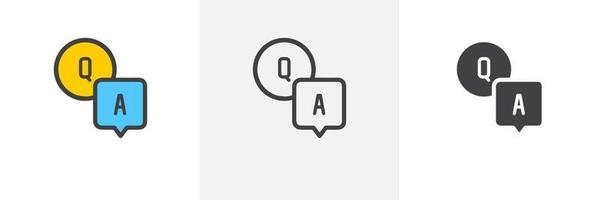 icona FAQ, domande e risposte. linea, glifo e versione colorata con contorno pieno, q e un contorno vocale e un segno vettoriale pieno. simbolo, illustrazione del logo. set di icone di stile diverso. vettore eps 10