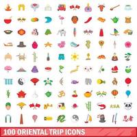 100 set di icone di viaggio orientali, stile cartone animato vettore