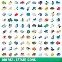 100 set di icone immobiliari, stile 3d isometrico vettore