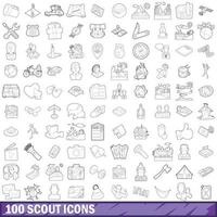 100 icone scout impostate, stile contorno vettore