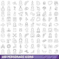 100 icone di personaggi impostate, stile contorno vettore