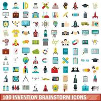 100 icone di brainstorming invenzioni impostate, stile piatto vettore