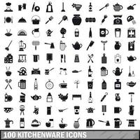 100 icone di stoviglie impostate, stile semplice vettore