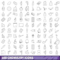 100 icone di chimica impostate, stile contorno vettore