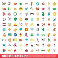 100 set di icone emblema, stile cartone animato vettore