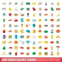 100 icone di food court, stile cartone animato vettore