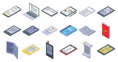 Set di icone dell'applicazione e-book, stile isometrico vettore