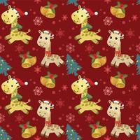 la giraffa del fumetto sveglio indossa il cappello di Babbo Natale con la campana di Natale e il motivo senza cuciture dell'albero. vettore