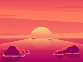 tramonto o alba nell'oceano, sfondo di paesaggi naturali, nuvole rosa. il sole che splende sul mare con rocce che sporgono dalla superficie dell'acqua. vista pomeridiana o mattutina vettore