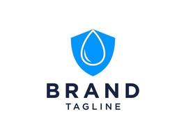 logo di protezione. icona di scudo in stile lineare blu con simbolo di goccia d'acqua all'interno isolato su priorità bassa bianca. utilizzabile per loghi sanitari, medici e di sicurezza. elemento del modello di progettazione logo vettoriale piatto.