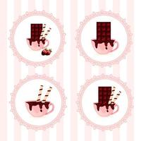 set di etichette badge per caffetterie pasticceria artigianale cioccolato con tazza di cioccolata calda e tubi di wafer e fragole vettore