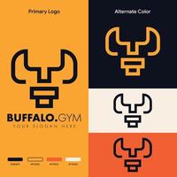 design semplice e minimalista del logo della testa di bufalo con manubri vettore