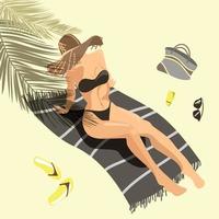 bella ragazza abbronzata con cappello e costume da bagno prende il sole sulla spiaggia vista dall'alto. Illustrazione vettoriale sul tema delle vacanze estive. concetto di vacanza estiva. donna in bikini