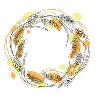 corona di grano o d'orzo con macchie di colore, illustrazione vettoriale line art, etichetta rotonda isolata su sfondo bianco. spighette di segale di spighe di grano circle frame.banner, flyer template.pakery packaging design