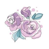line art bouquet di fiori di rosa per la decorazione design illustrazione botanica vettoriale. tre rose arte minimale disegno con macchie astratte morbide pastello, illustrazione moderna. vettore