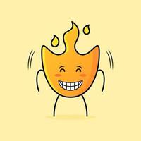 simpatico cartone animato di fuoco con gli occhi chiusi, il sorriso e l'espressione felice. adatto per emoticon, logo, icona, mascotte, simbolo e segno vettore