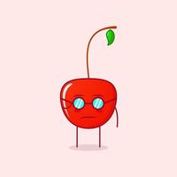 simpatico personaggio dei cartoni animati di ciliegia con espressione fresca e occhiali. verde e rosso. adatto per emoticon, logo, mascotte o adesivo vettore