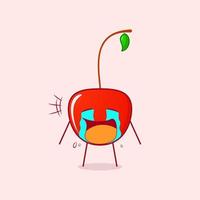 simpatico personaggio dei cartoni animati di ciliegia con espressione piangente, lacrime e bocca aperta. rosso e verde. adatto per emoticon, logo, mascotte e simbolo vettore