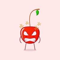 simpatico personaggio dei cartoni animati di ciliegia con espressione arrabbiata e occhi sporgenti. rosso e verde. adatto per loghi, icone, simboli o mascotte vettore