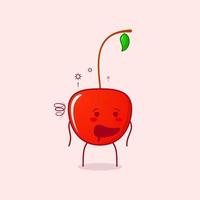 simpatico personaggio dei cartoni animati di ciliegia con espressione ubriaca e bocca aperta. verde e rosso. adatto per emoticon, logo, mascotte e icona vettore