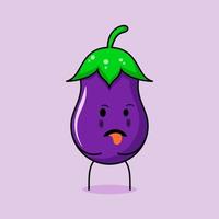 simpatico personaggio di melanzane con espressione disgustosa e lingua che sporge. verde e viola. adatto per emoticon, logo, mascotte e icona vettore