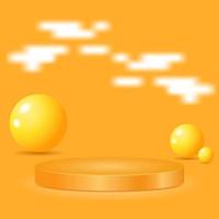 Podio del cerchio 3d con sfondo di palle e nuvole. oro, arancione e bianco vettore