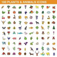 100 piante e animali set di icone, stile cartone animato vettore