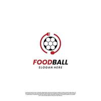 palla con cucchiaio e forchetta logo design su sfondo isolato, design del logo foodball concetto moderno vettore