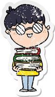 adesivo angosciato di un ragazzo nerd cartone animato con occhiali e libro vettore