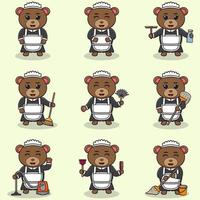 illustrazione vettoriale di simpatico orso con uniforme da cameriera. design del personaggio degli animali. orso con attrezzature per la pulizia. set di simpatici personaggi di orsi.