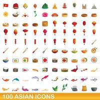 100 icone asiatiche impostate, stile cartone animato vettore