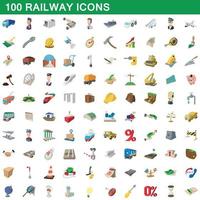 100 icone ferroviarie impostate, stile cartone animato vettore