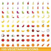 100 icone vegetariane impostate, stile cartone animato vettore