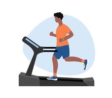 uomo che corre sul tapis roulant. sportivo afroamericano che pareggia sull'attrezzatura per il fitness. allenamento cardio di resistenza. illustrazione vettoriale piatta