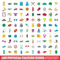 100 set di icone della cultura fisica, stile cartone animato vettore