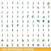 100 icone di lavoro impostate, stile cartone animato vettore