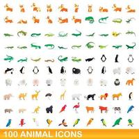 100 icone animali impostate, stile cartone animato vettore