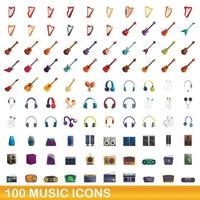 100 icone musicali impostate, stile cartone animato vettore